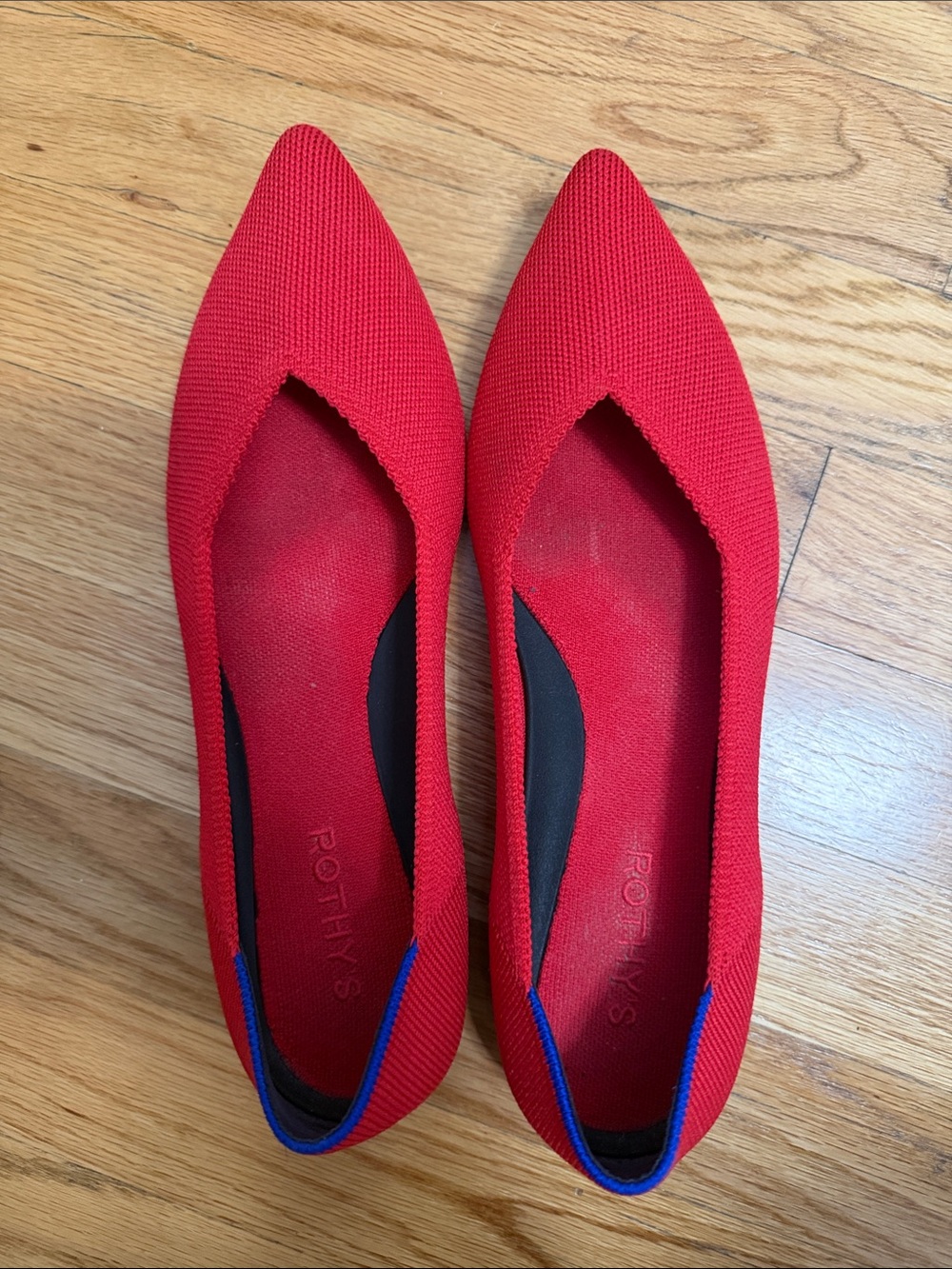 Rothy's Red Pointed Knit Flats with Blue Heel Trim